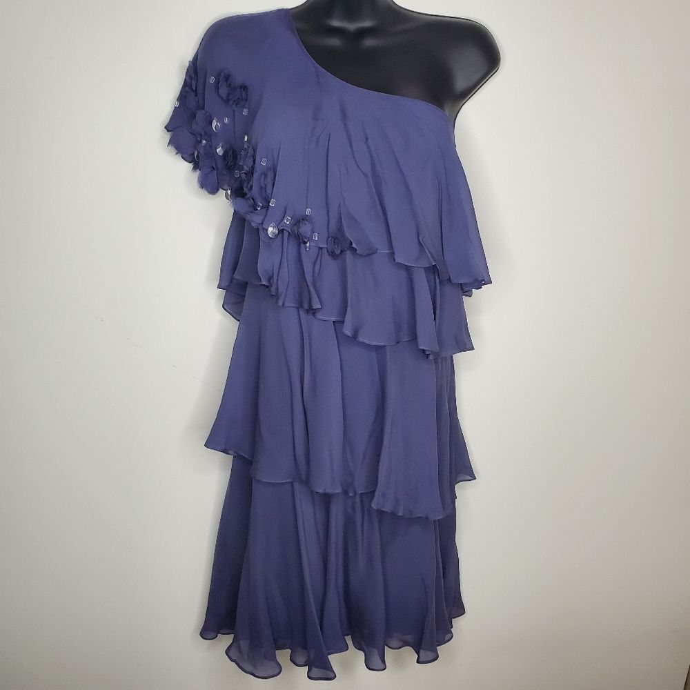 Rebecca Taylor Blue 100% Silk Floral Applique Gem Bling One Shoulder Dress Sz 12